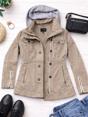 Hurley Tan Utility Jacket w/ Hood | Zip Button Coat | Size Small